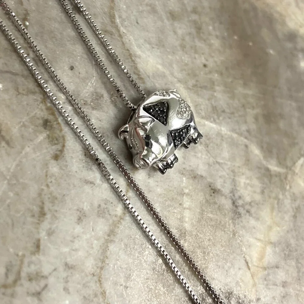 Sterling Silver 925 Black & White Diamond Pig Piggy Piglet Pendant Necklace 18